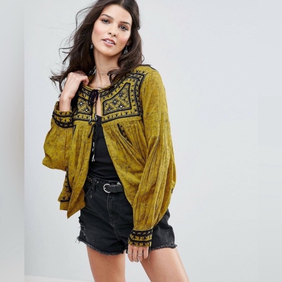 Free People Twilight Folk Embellished Cotton Jacket Top Yellow Mustard Size XS - Picture 1 of 15